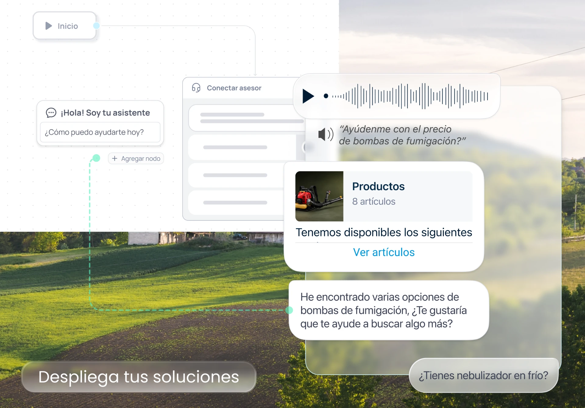 Conversación de WhatsApp sobre un campo agrícola: nota de voz, catálogo de productos y respuesta del agente