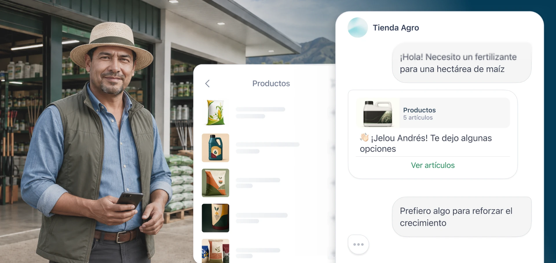 Dueño de agrotienda consultando por WhatsApp mientras el agente responde con catálogo de productos