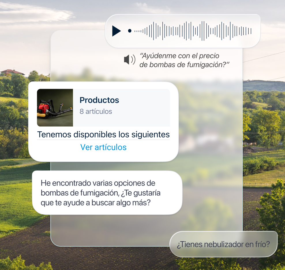 Conversación de WhatsApp sobre un campo agrícola: nota de voz, catálogo de productos y respuesta del agente