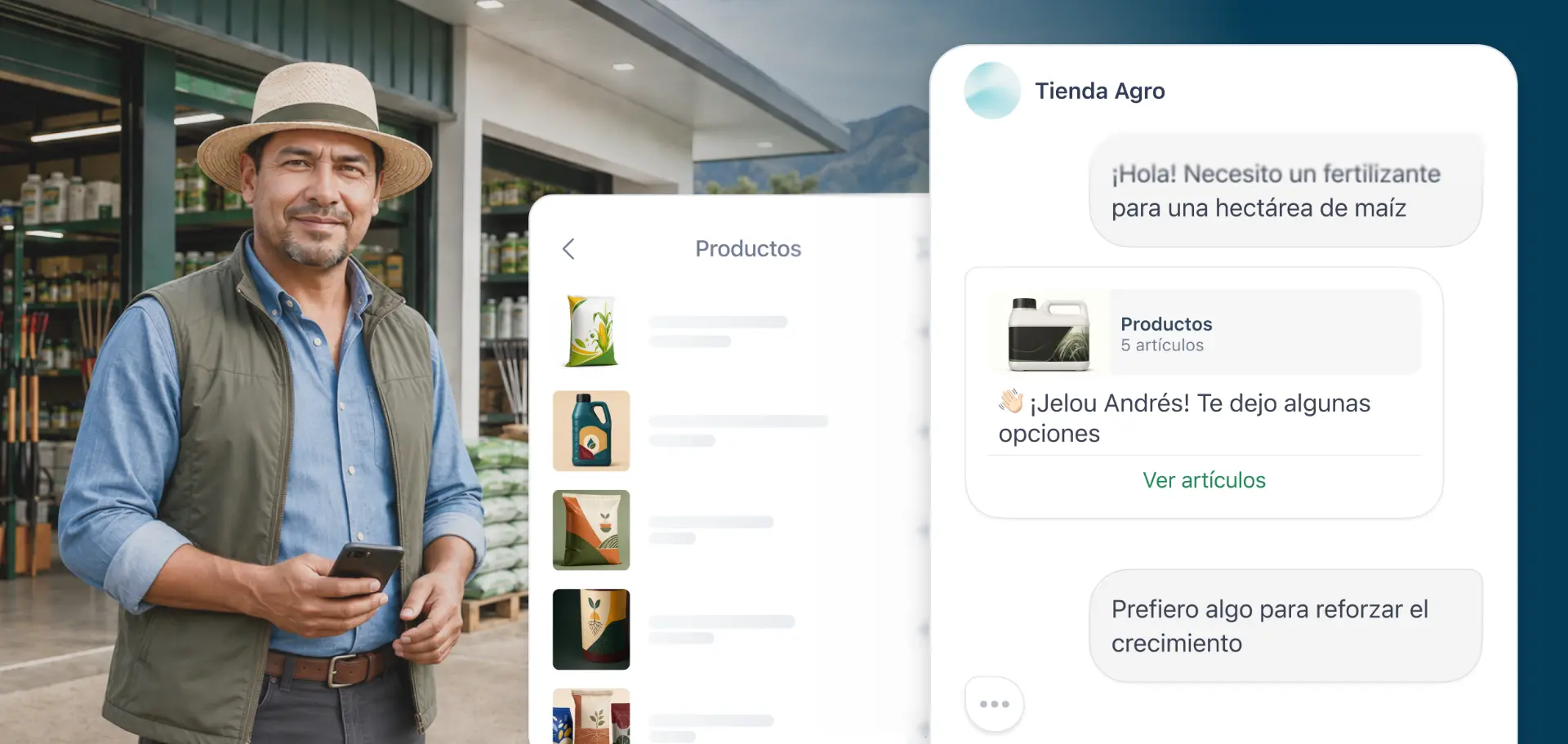Dueño de agrotienda consultando por WhatsApp mientras el agente responde con catálogo de productos